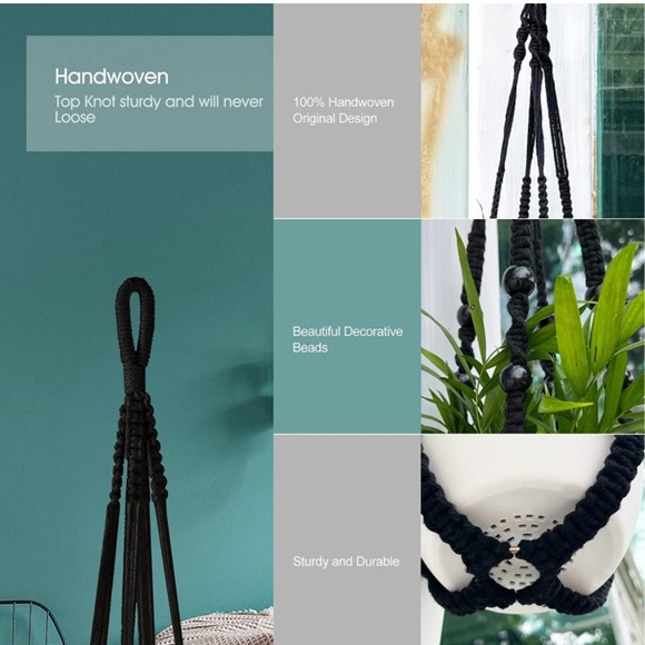 NEW Black Woven Rope Beaded Plant Pot Hangers (Set of 2) - Picture 3 of 7